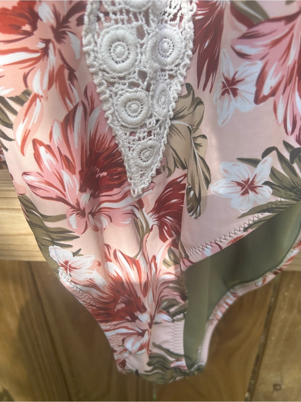 Kona Sol Pink Floral One-Piece Swimsuit with Olive Ties size large - Picture 8 of 11